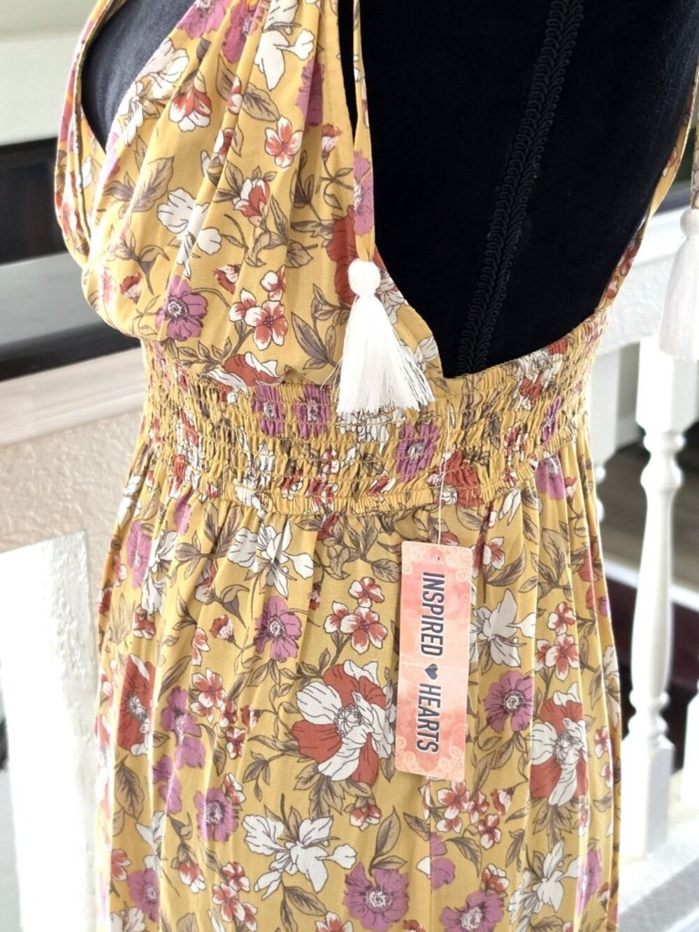 Inspired Hearts Yellow Floral V-Neck Tassel Tie Strappy Maxi Dress Womens L - Picture 3 of 10